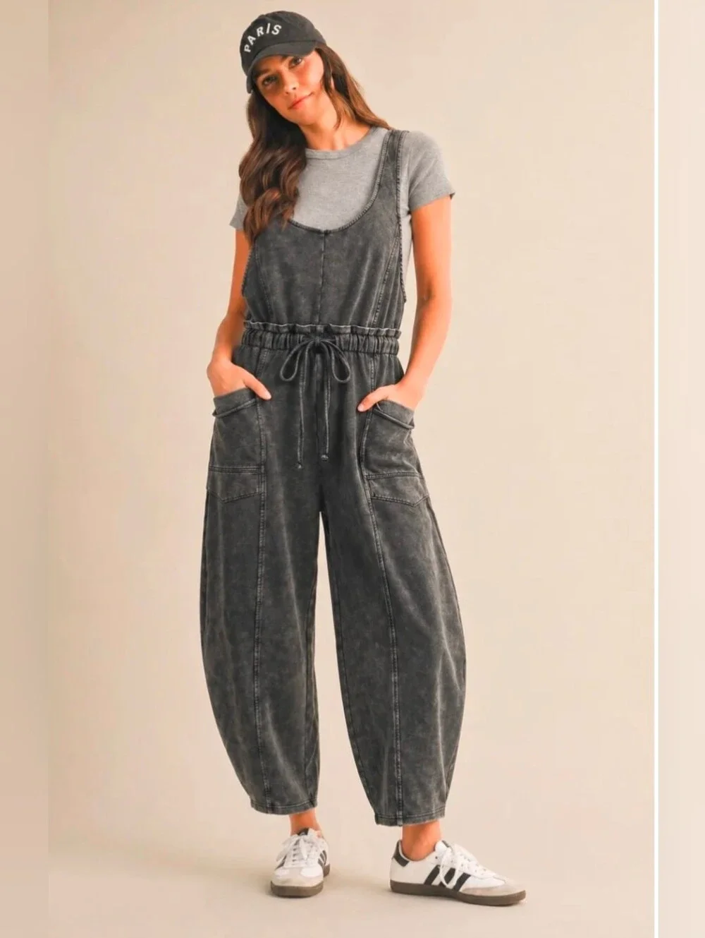 Assorted Sizes-Women's Mineral Washed Black Cargo Knit Jumpsuit-NWT